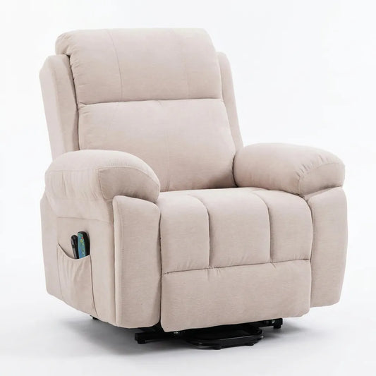 Fauteuil releveur électrique beige, grandes assises capitonnées et base relevable
