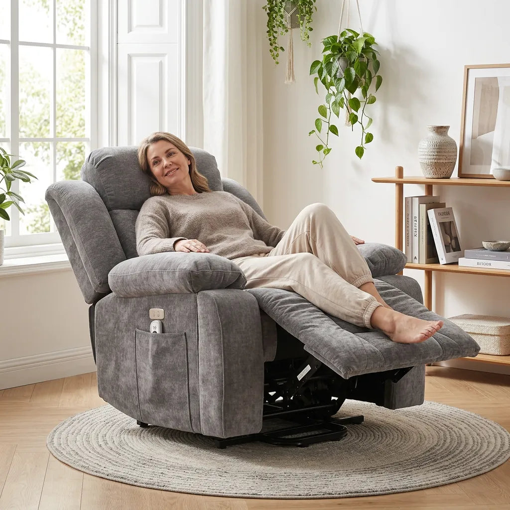 Fauteuil releveur électrique gris, repose-jambes déployé et dossier incliné