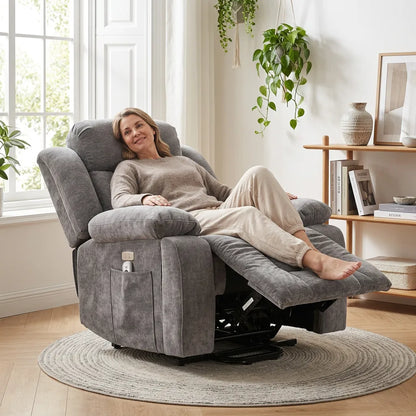 Fauteuil releveur électrique gris, repose-jambes déployé et dossier incliné