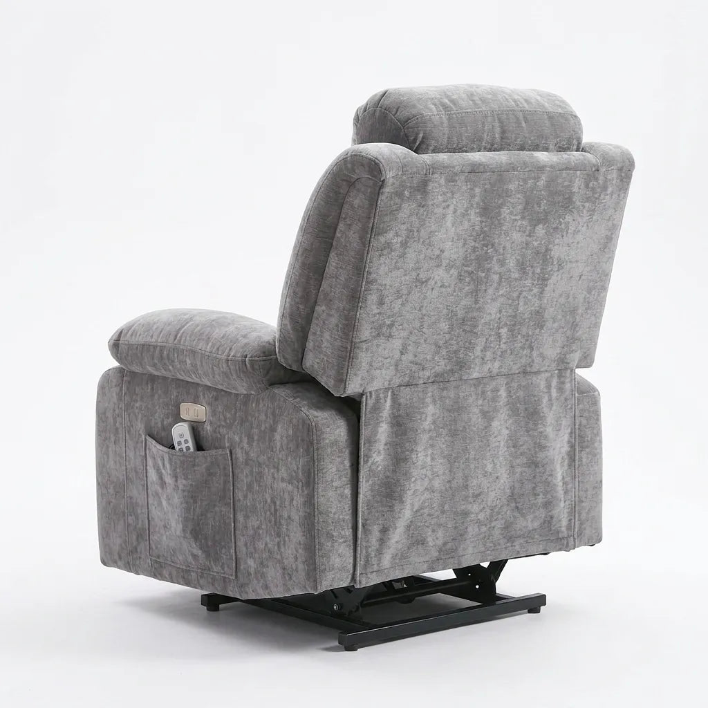 Fauteuil releveur électrique en tissu gris avec panneau de commande latéral