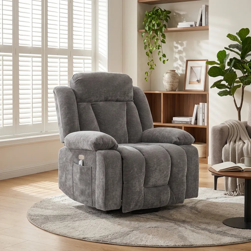 Fauteuil releveur électrique en tissu gris, dossier et repose-jambes inclinables