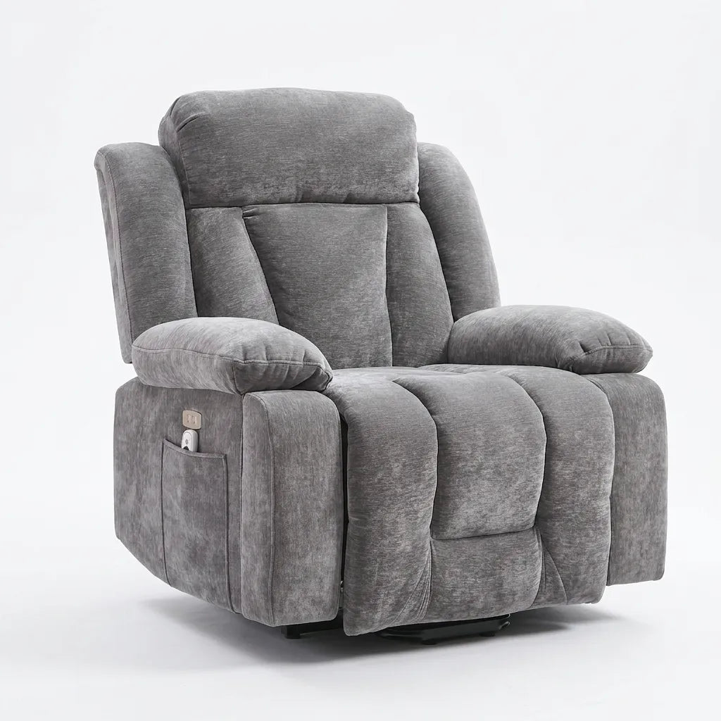 Fauteuil releveur électrique en tissu gris, assise large avec accoudoirs et repose-pieds