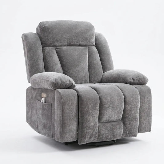 Fauteuil releveur électrique en tissu gris, assise large avec accoudoirs et repose-pieds