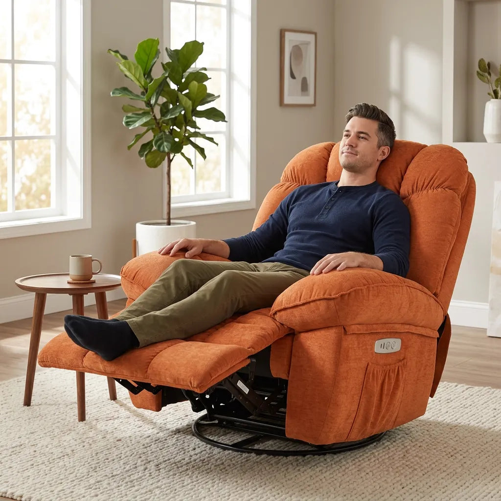 Fauteuil électrique orange en tissu avec accoudoirs et position inclinable, base noire visible.