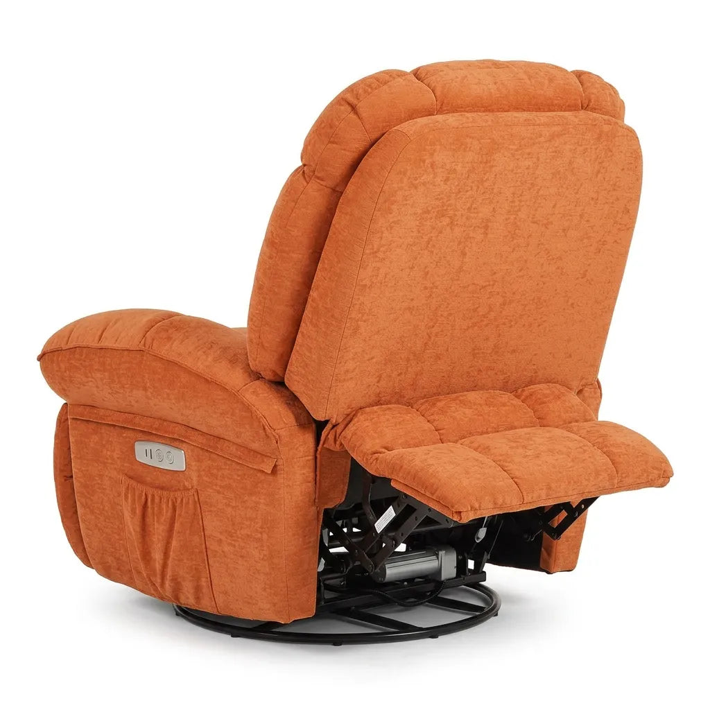Fauteuil électrique orange inclinable, dossier rembourré et base noire à mécanisme apparent.