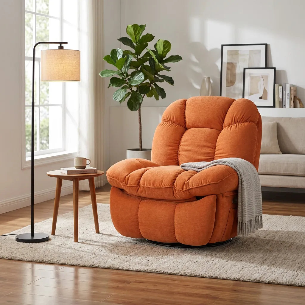 Fauteuil électrique orange capitonné, vu de trois-quarts, assise large et accoudoirs.