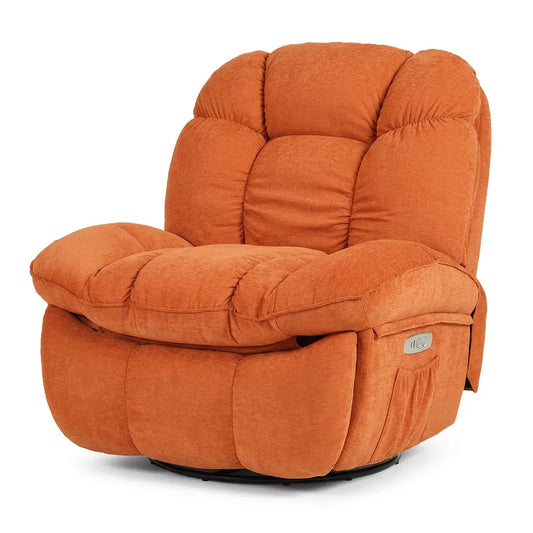Fauteuil électrique orange rembourré, vue rapprochée du dossier et de l’assise inclinable.