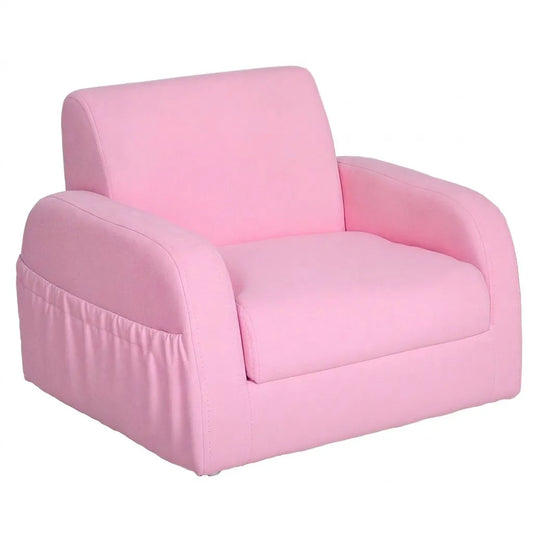 Fauteuil enfant rose, vue de côté: grand dossier, accoudoir rembourré, base basse