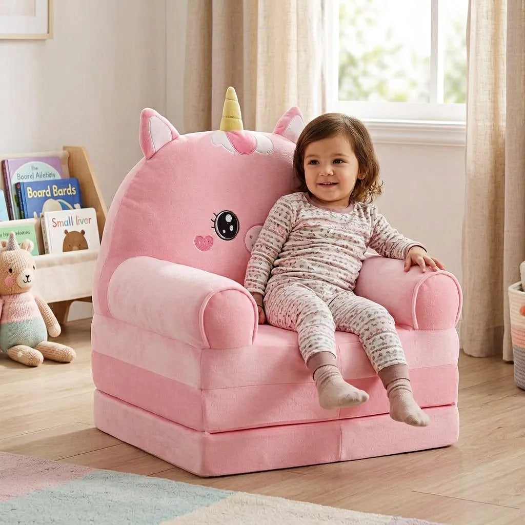 Fauteuil enfant rose en peluche motif licorne, grande assise rembourrée, accoudoirs