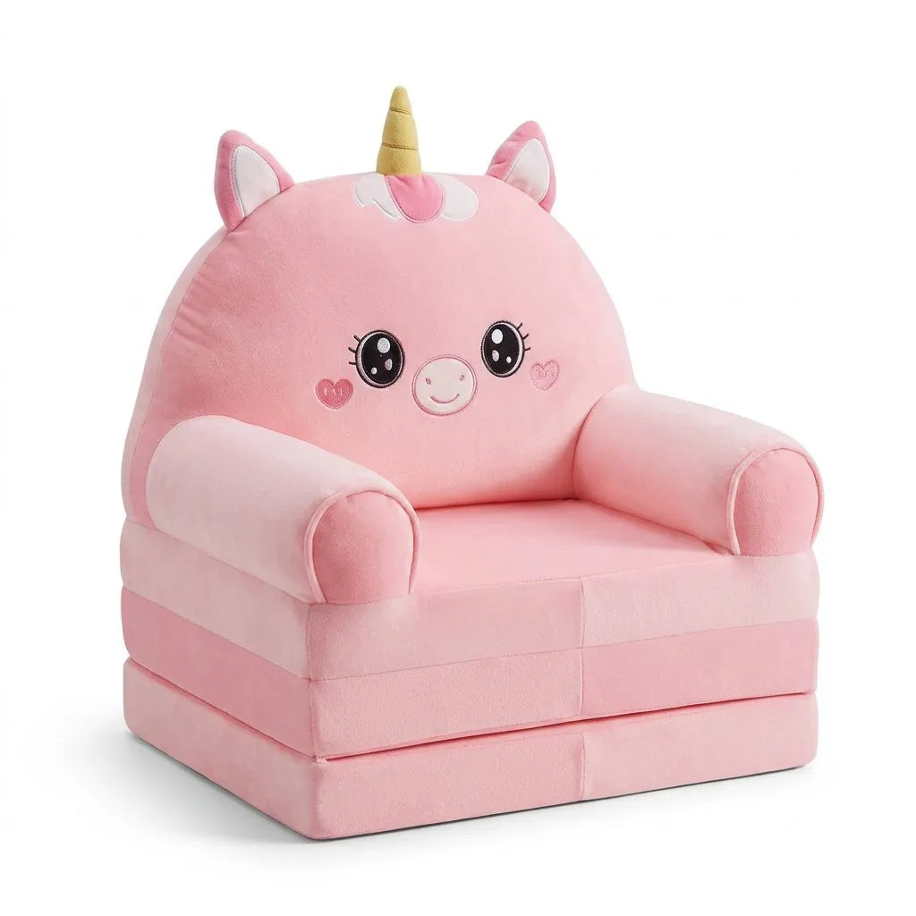 Fauteuil enfant rose en peluche, motif licorne, accoudoirs arrondis, coussin