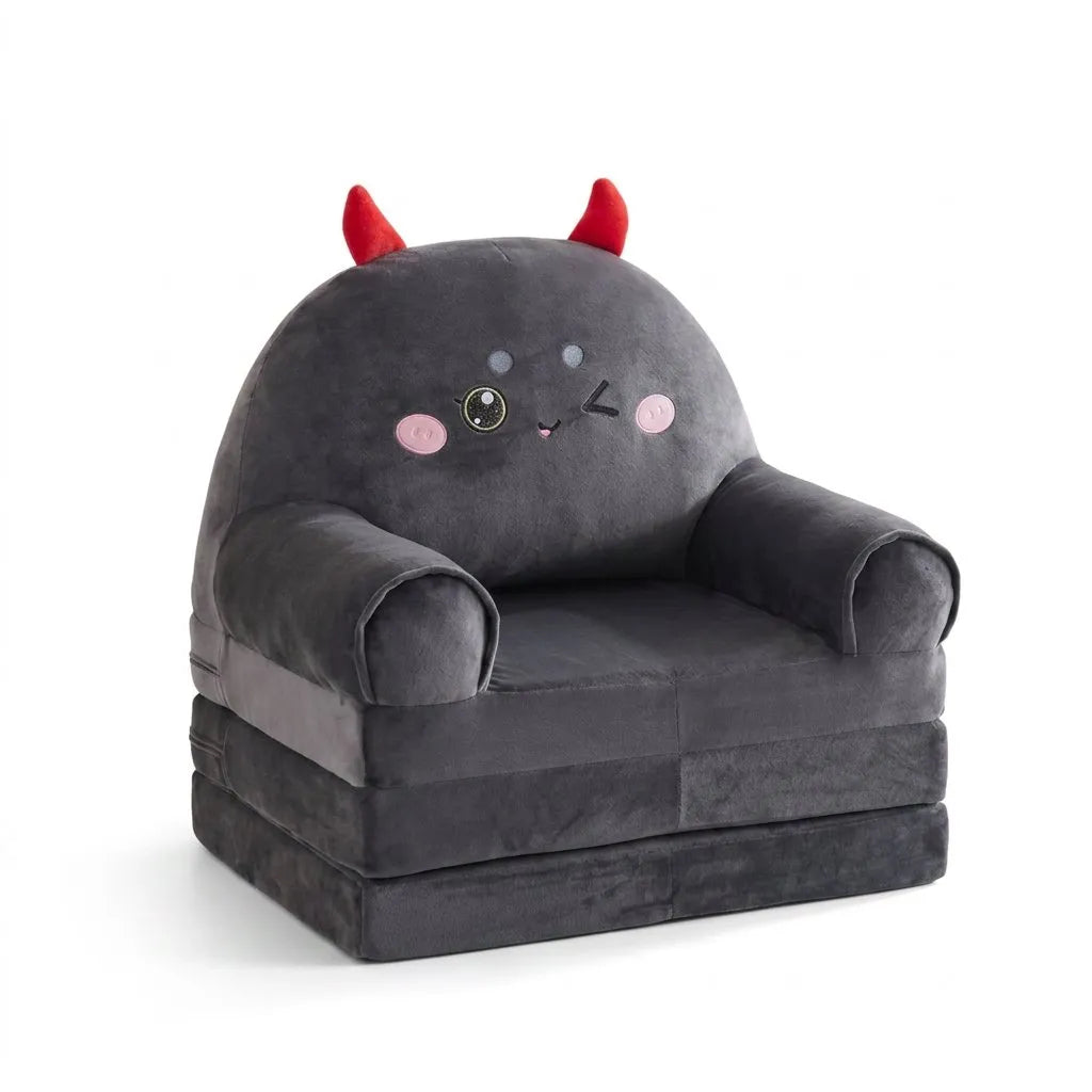 Fauteuil enfant gris anthracite en peluche, motif diable avec cornes rouges, accoudoirs
