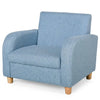 Fauteuil enfant en lin bleu, accoudoirs et dossier hauts, pieds en bois.