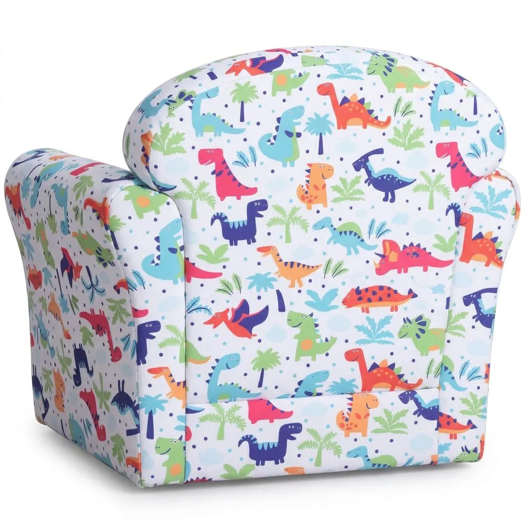 Fauteuil enfant à motifs dinosaures, vue avant, dossier et accoudoirs capitonnés.
