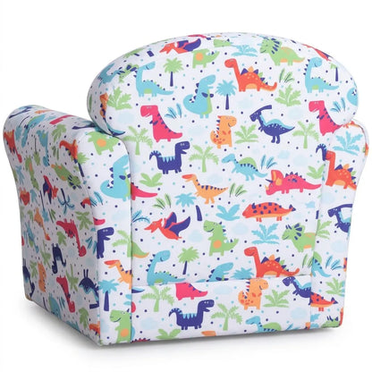 Fauteuil enfant à motifs dinosaures, vue avant, dossier et accoudoirs capitonnés.