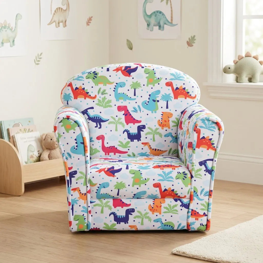 Fauteuil enfant à motifs dinosaures, vue de côté, dossier arrondi et base carrée.