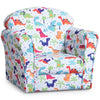 Fauteuil enfant rembourré à motifs dinosaures, accoudoirs et assise rectangulaire.