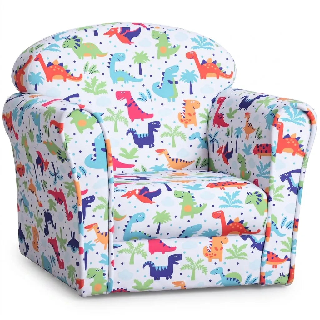 Fauteuil enfant rembourré à motifs dinosaures, accoudoirs et assise rectangulaire.