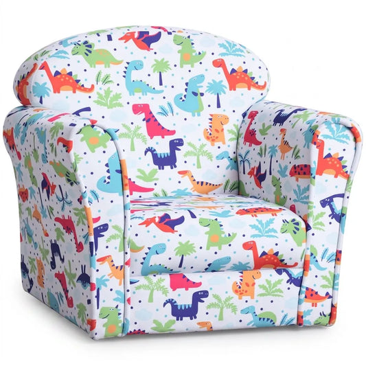 Fauteuil enfant rembourré à motifs dinosaures, accoudoirs et assise rectangulaire.