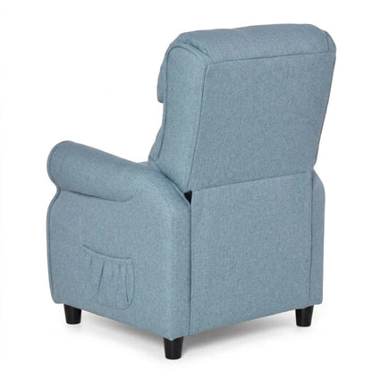 Fauteuil enfant en tissu bleu avec dossier et accoudoirs rembourrés, repose-pieds intégré.