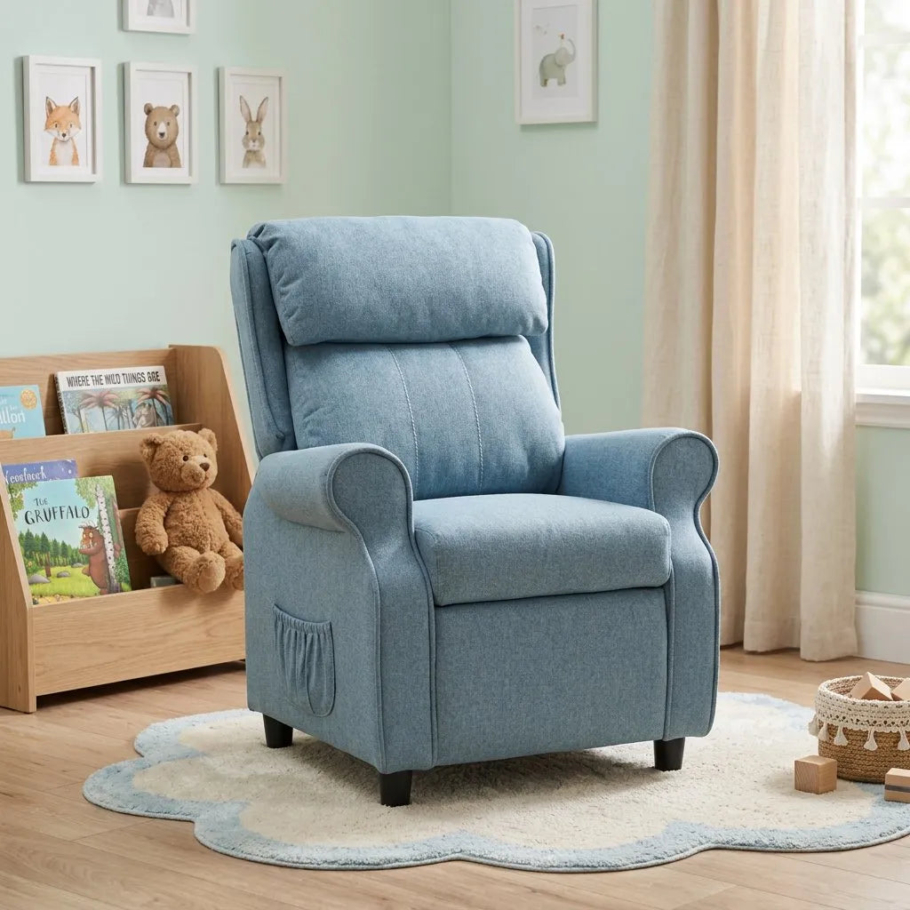 Fauteuil relax enfant bleu, dossier inclinable et repose-pieds, pieds noirs.
