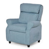 Fauteuil enfant bleu avec dossier haut rembourré et accoudoir, repose-pieds relevé.