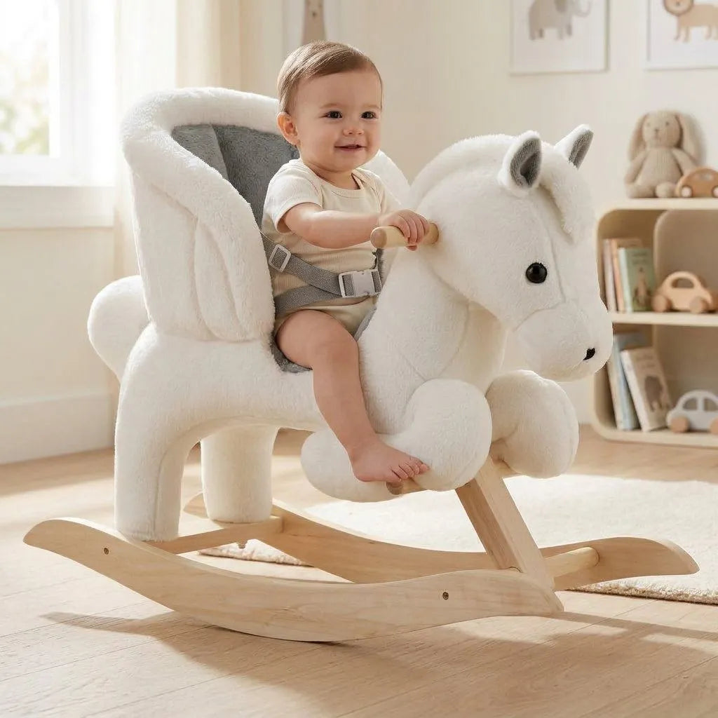 Fauteuil à bascule enfant en peluche blanche, harnais et sangle, intérieur gris