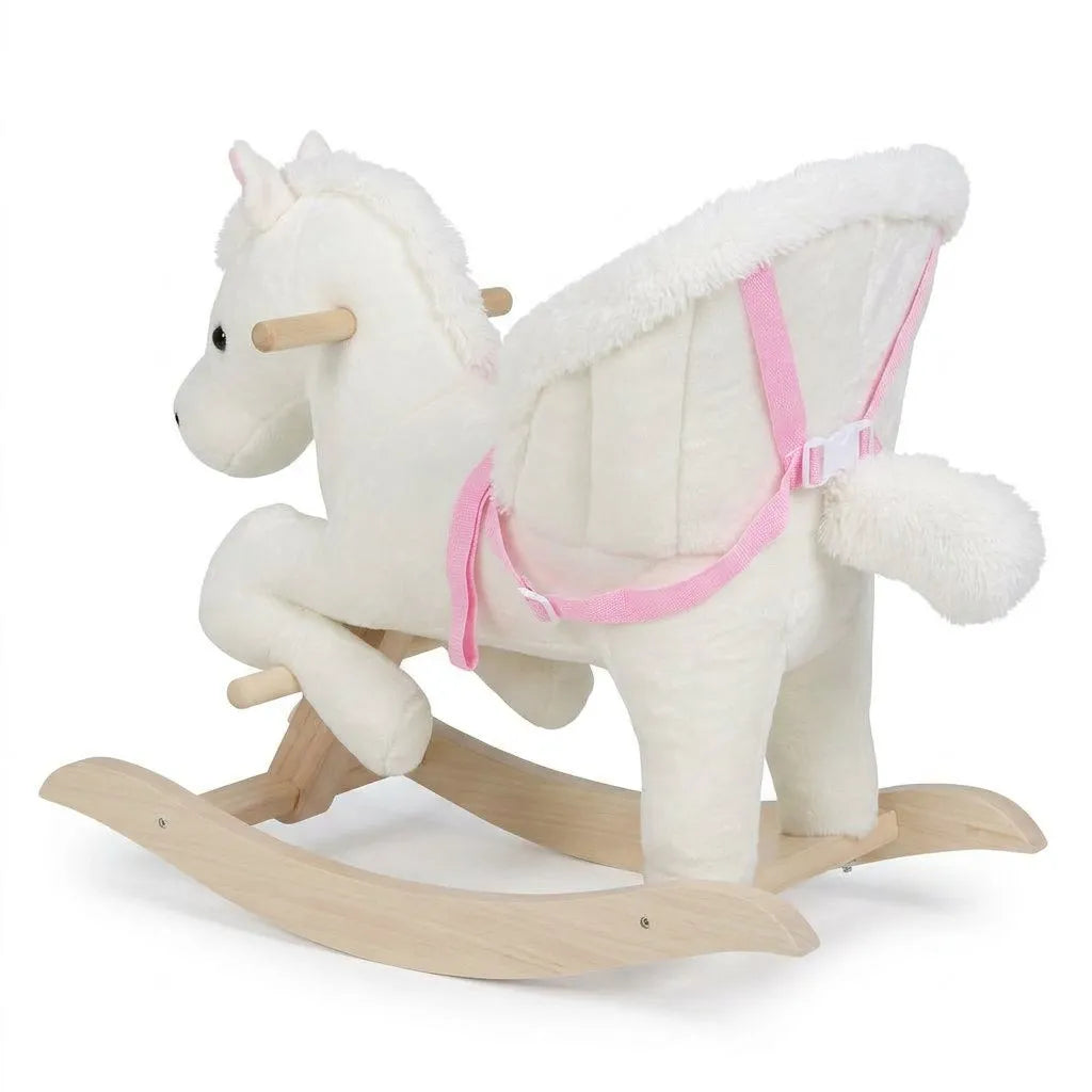 Fauteuil à bascule en peluche blanche avec harnais rose, rocker en bois