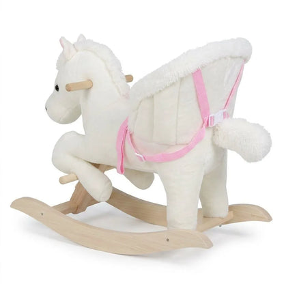 Fauteuil à bascule en peluche blanche avec harnais rose, rocker en bois