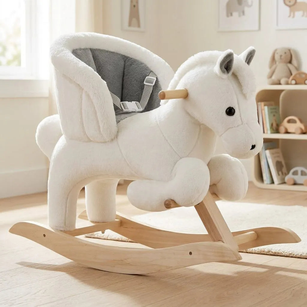 Fauteuil enfant à bascule en peluche blanche, intérieur gris, tête de licorne et harnais