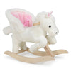 Fauteuil à bascule en peluche blanche, détails roses, harnais et sangle, rocker en bois