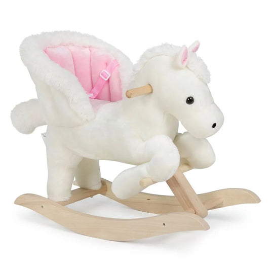 Fauteuil à bascule en peluche blanche, détails roses, harnais et sangle, rocker en bois