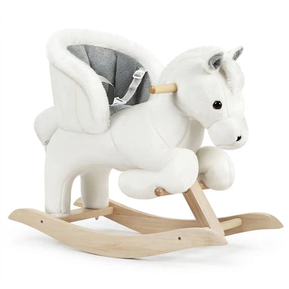 Fauteuil enfant à bascule en peluche blanche, intérieur gris, harnais avec sangle, vue latérale
