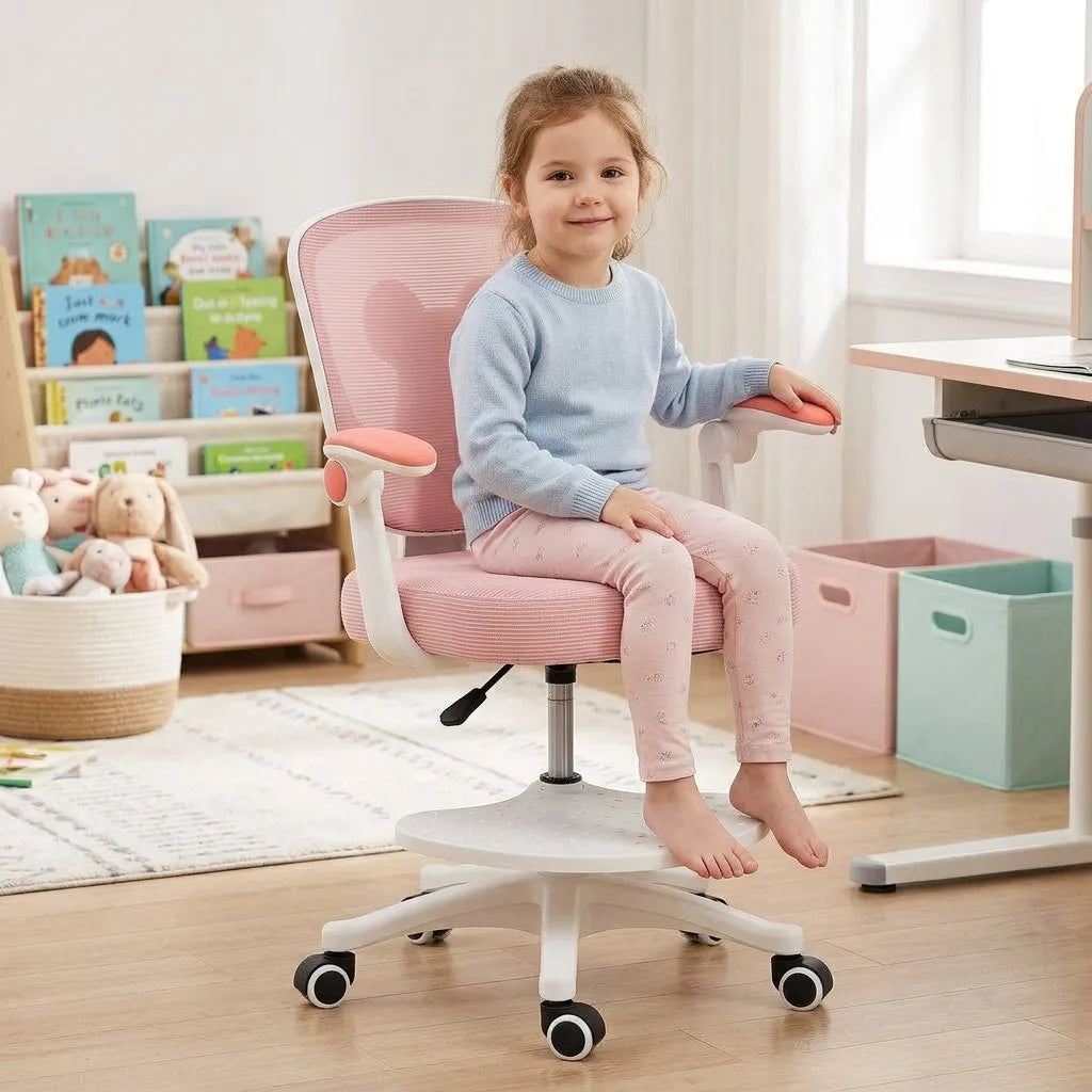Fauteuil enfant ergonomique rose, dossier en maille et assise rembourrée, hauteur réglable