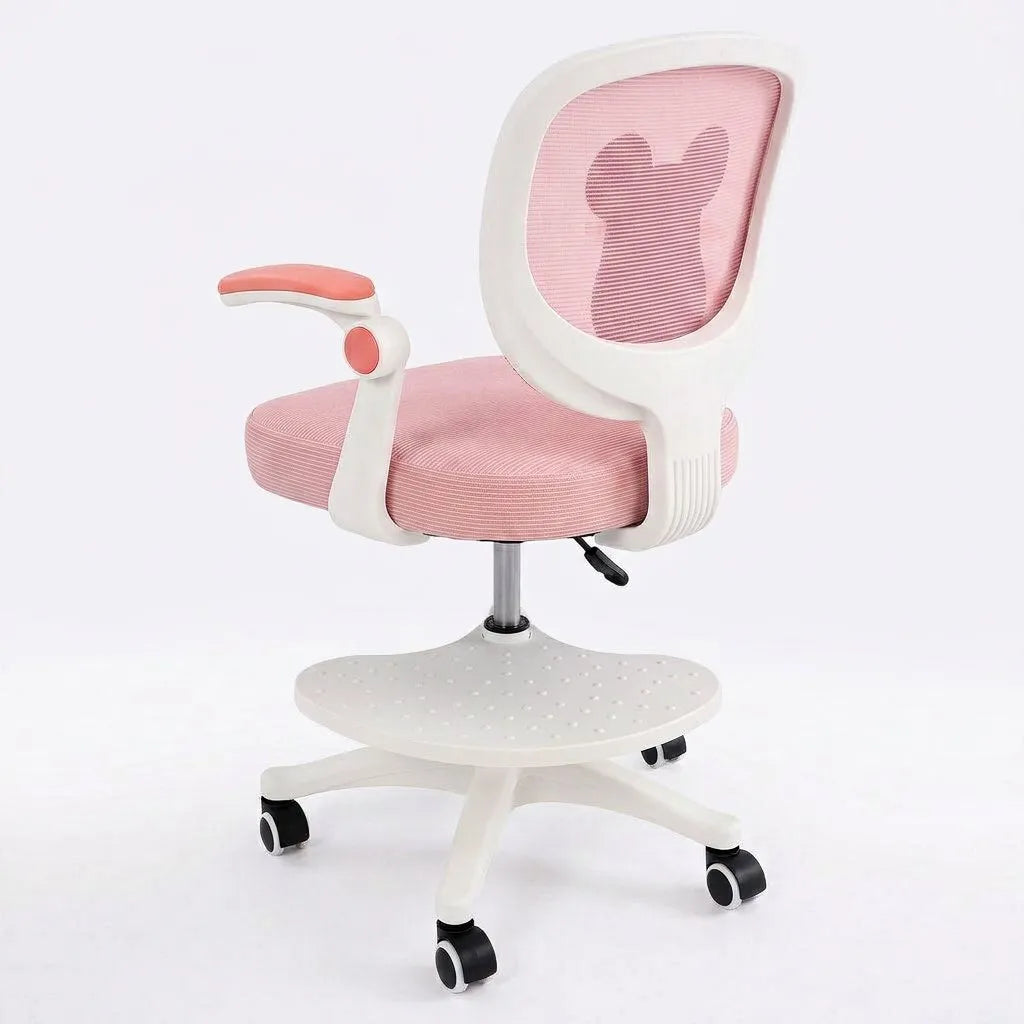 Fauteuil enfant rose avec accoudoirs arrondis, base à roulettes et hauteur réglable
