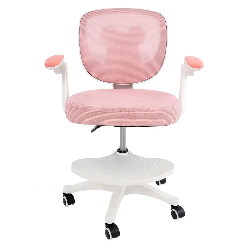 Fauteuil enfant rose, dossier en mesh avec motif, assise rembourrée et roulettes
