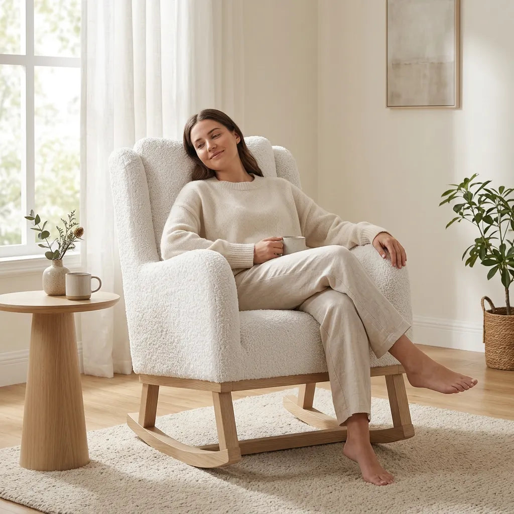 Fauteuil basculant en tissu blanc cassé, assise inclinable, personne en position détente
