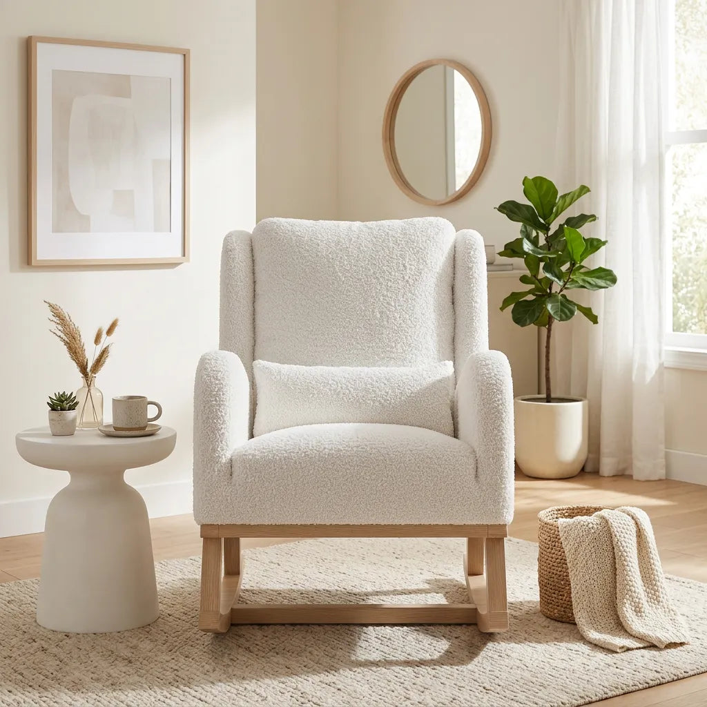 Fauteuil basculant en tissu blanc cassé, dossier et assise rembourrés, vue de face