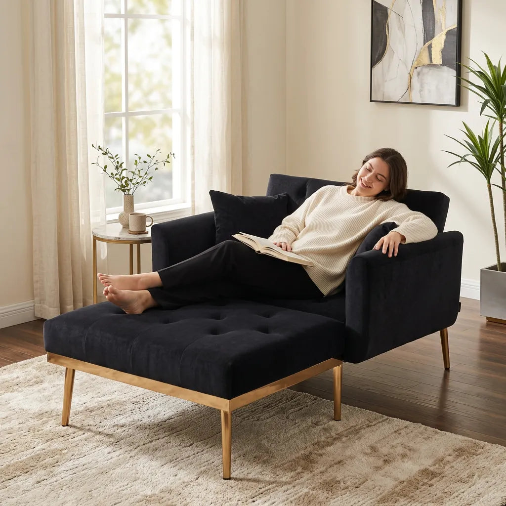 Fauteuil-lit convertible en tissu bleu foncé, dossier incliné et accoudoirs, pieds en bois.