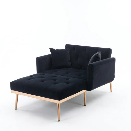 Fauteuil-lit convertible en tissu bleu foncé, assise matelassée à boutons, dossier relevé.