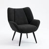 Fauteuil mid-century noir en velours côtelé, vue de face sur assise et accoudoirs.