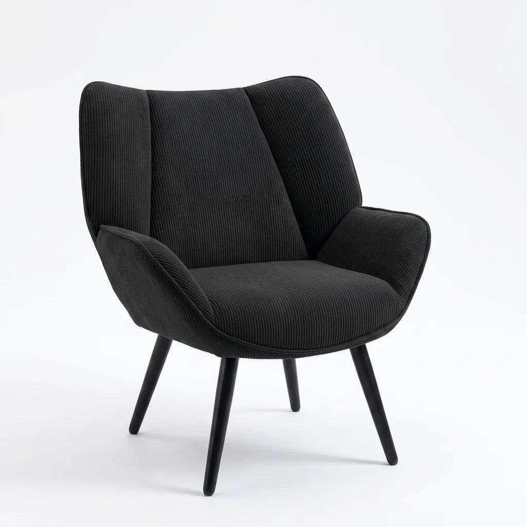 Fauteuil mid-century noir en velours côtelé, vue de face sur assise et accoudoirs.