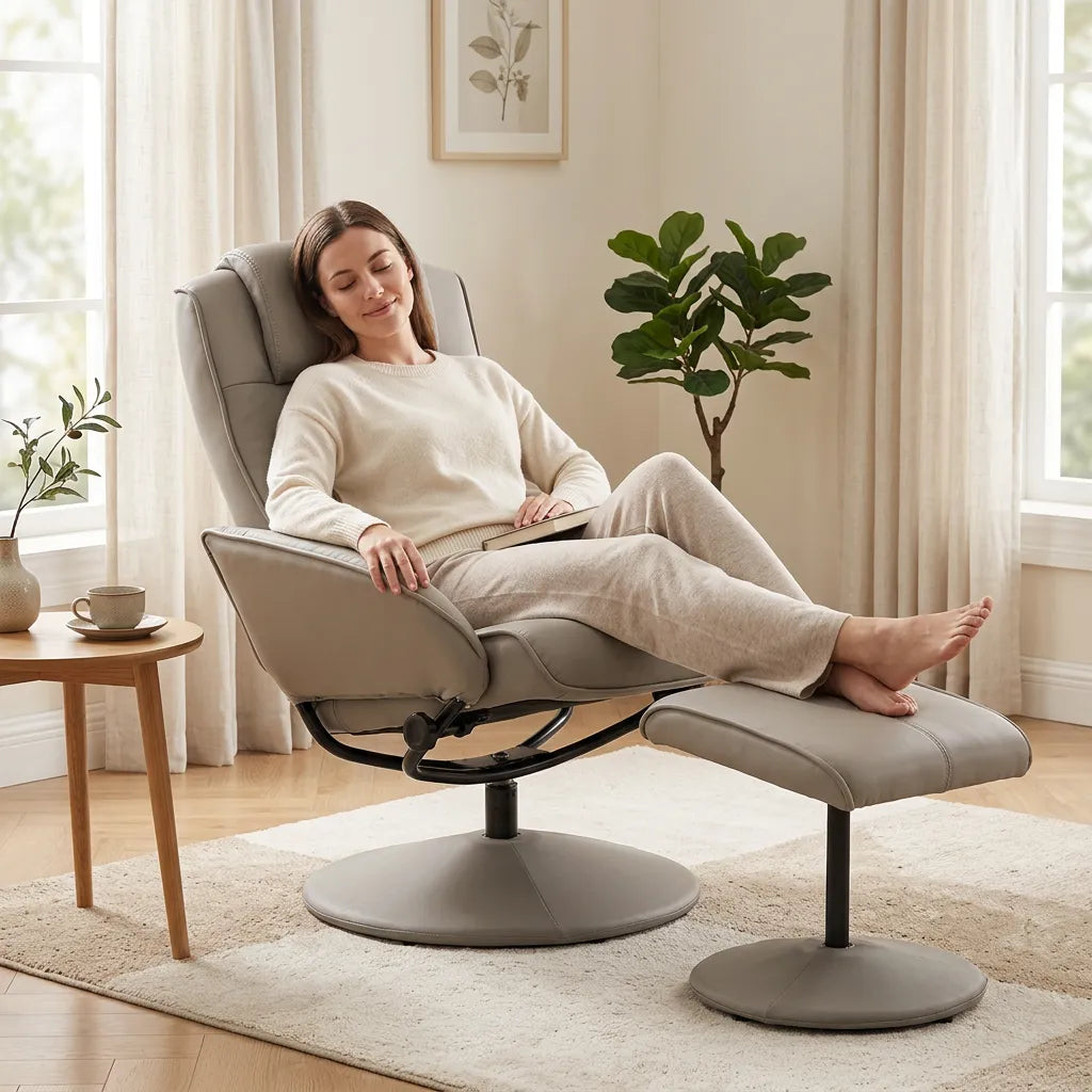 Fauteuil gris clair pivotant 360° avec repose-pieds assorti et assise rembourrée