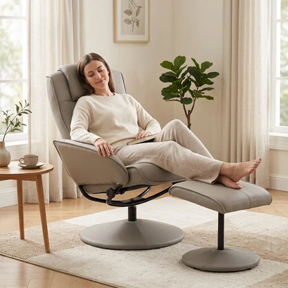 Fauteuil gris clair pivotant 360° avec repose-pieds assorti et assise rembourrée