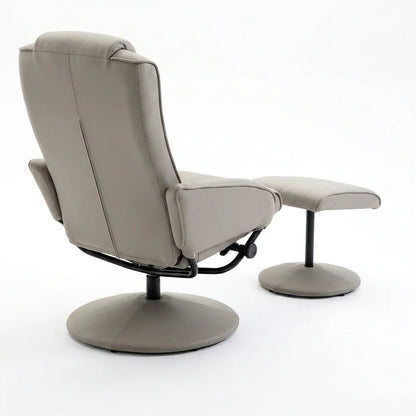 Fauteuil pivotant 360° gris clair avec repose-pieds, dossier haut et base circulaire