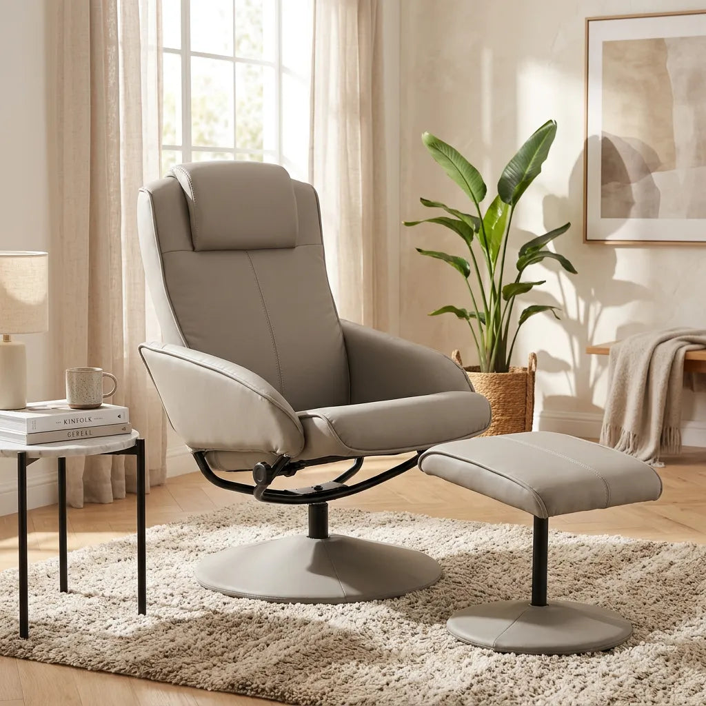Fauteuil de salon gris clair avec repose-pieds assorti sur base pivotante 360°