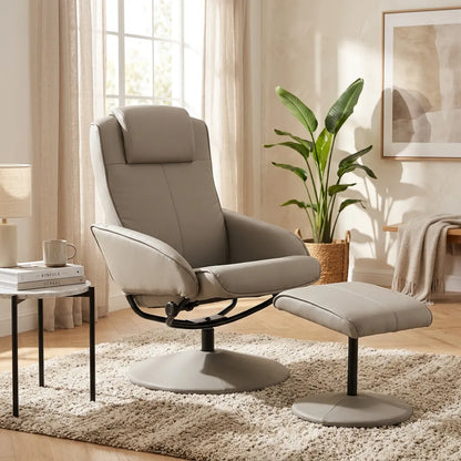 Fauteuil de salon gris clair avec repose-pieds assorti sur base pivotante 360°