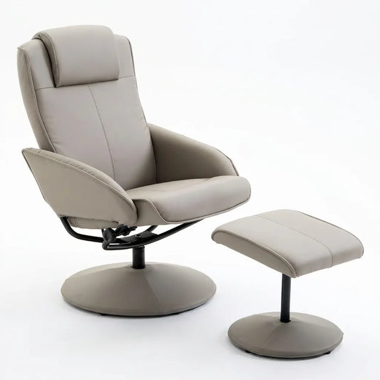 Fauteuil gris clair pivotant 360° avec repose-pieds assorti, accoudoirs et dossier rembourré
