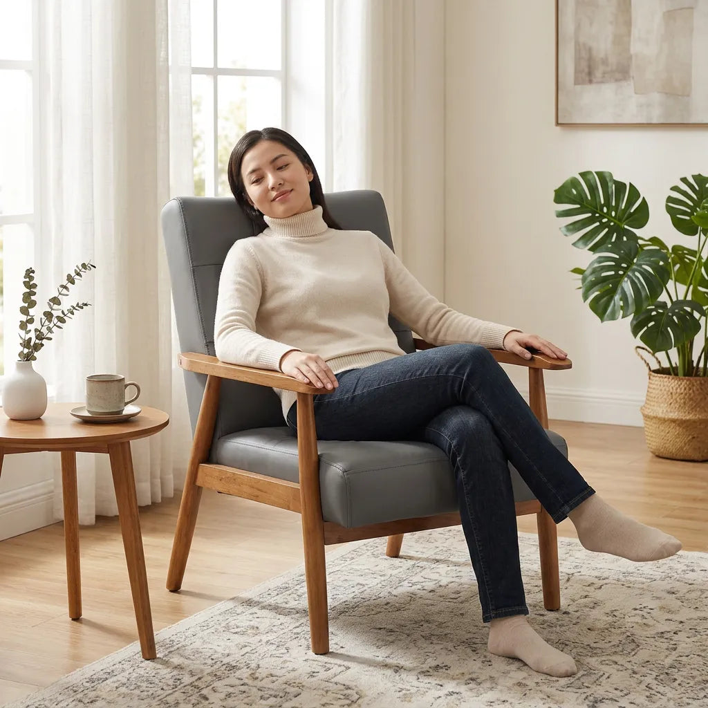 Fauteuil de salon en cuir gris, accoudoirs, assise rembourrée, structure en noyer.