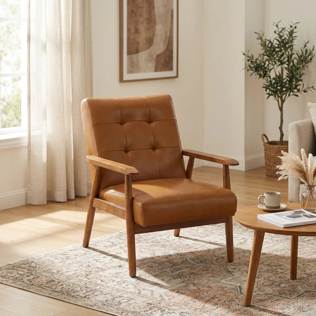 Fauteuil en cuir brun à dossier capitonné, accoudoirs, piètement en noyer.