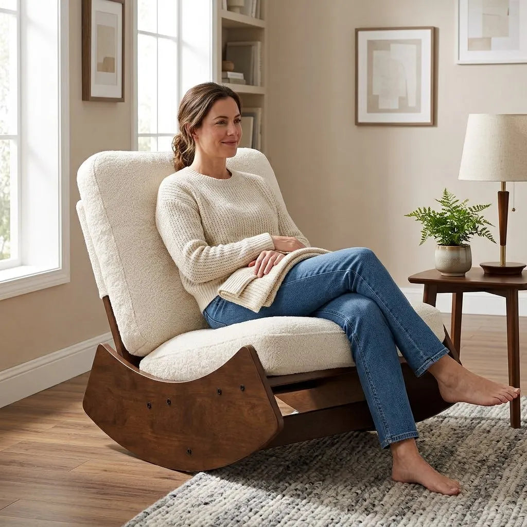 Fauteuil relax coulissant en velours côtelé blanc, assise coulissante sur bois massif